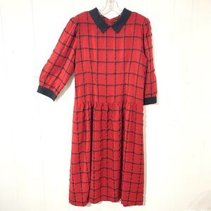 Vintage Lanz Original Red Black WOOL BLEND Dress Preppy 10 Drop Waist Midi